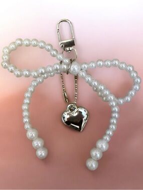 Pearl Bow Keychain with Silver Heart Charm zipper pull